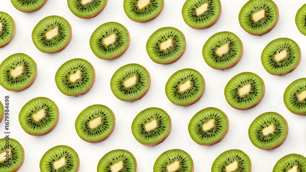 Fototapeta premium Pattern of sliced green kiwis against a white background. Suitable for food blogs, recipe cards, fruitthemed designs, and healthy lifestyle content.
