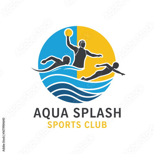 Dynamic logo for Aqua Splash Sports Club, showcasing water polo players in action.