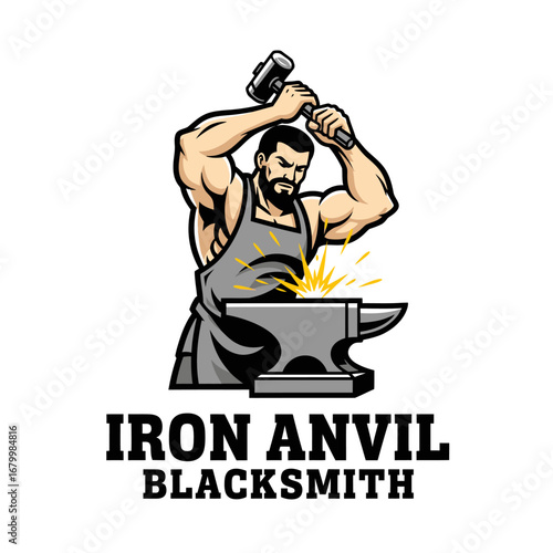 A powerful blacksmith logo depicting a muscular man striking hot iron on an anvil.