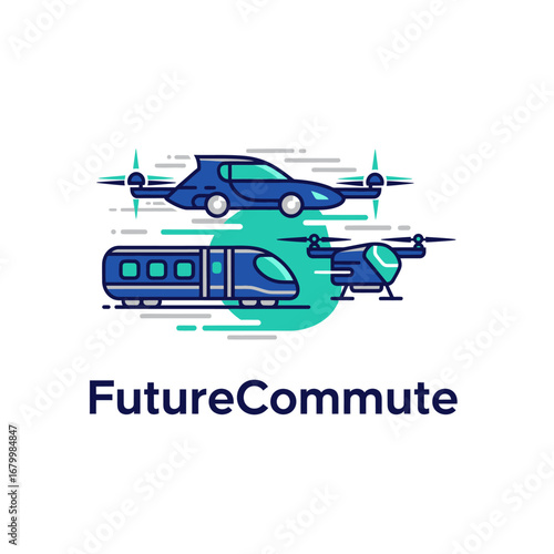 Futuristic commute modes: flying car, high-speed train, drone delivery.