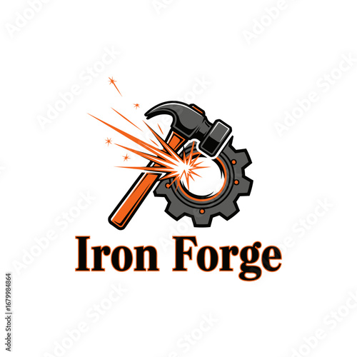 Iron Forge logo featuring a hammer striking a gear with sparks.