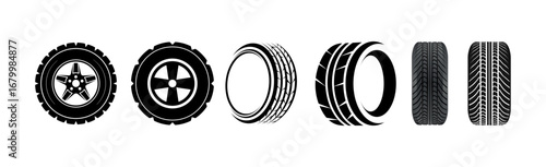 Black rubber wheel tire set. Wheel tires. Car tire tread tracks, dirty tires track. Tyres road maintenance vector automobile. Auto wheel tyre. Vector template illustration