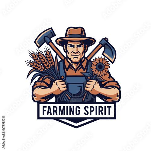 A powerful farmer logo, holding wheat and sunflower, symbolizing the spirit of farming.