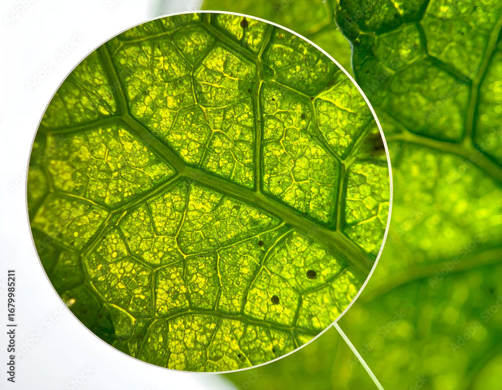 custom made wallpaper toronto digitalMicroscopic Green Leaf Cellular Structure Vibrant macro close-up, revealing intricate veins, cells, and chlorophyll with a magnified inset, showcasing nature's biology.