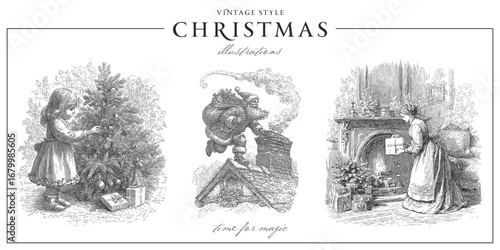 Set of traditional European Christmas scenes. Vintage engraving or ink drawing style vector illustration.
