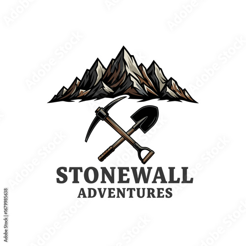 Stonewall Adventures logo featuring mountains and tools axe and shovel 