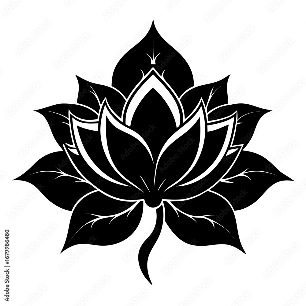 Fototapeta premium Mystic Petal Bloom Black Silhouette Vector Illustration on White Background