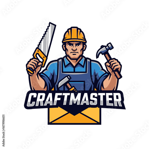 A powerful logo featuring a strong craftsman holding tools.