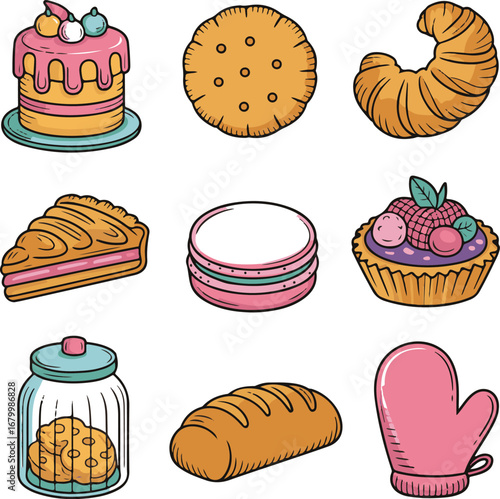 Sweet Treats Hand-Drawn Icon Pack Layer Cake, Biscuit, Danish Pastry, Macaron, Tart, Cookie Jar, Bread Loaf, and Oven Mitt