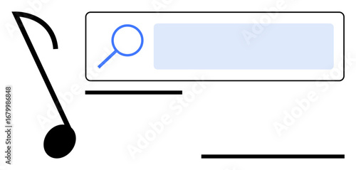 Magnifying glass and search bar paired with a bold musical note highlight the theme of music discovery. Ideal for streaming, app design, search innovation, creativity, and simple landing page