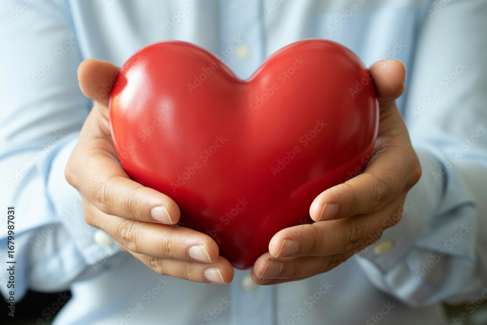 Obraz premium Red heart in hands for love and care concept for valentine day and health with copy space on blue shirt