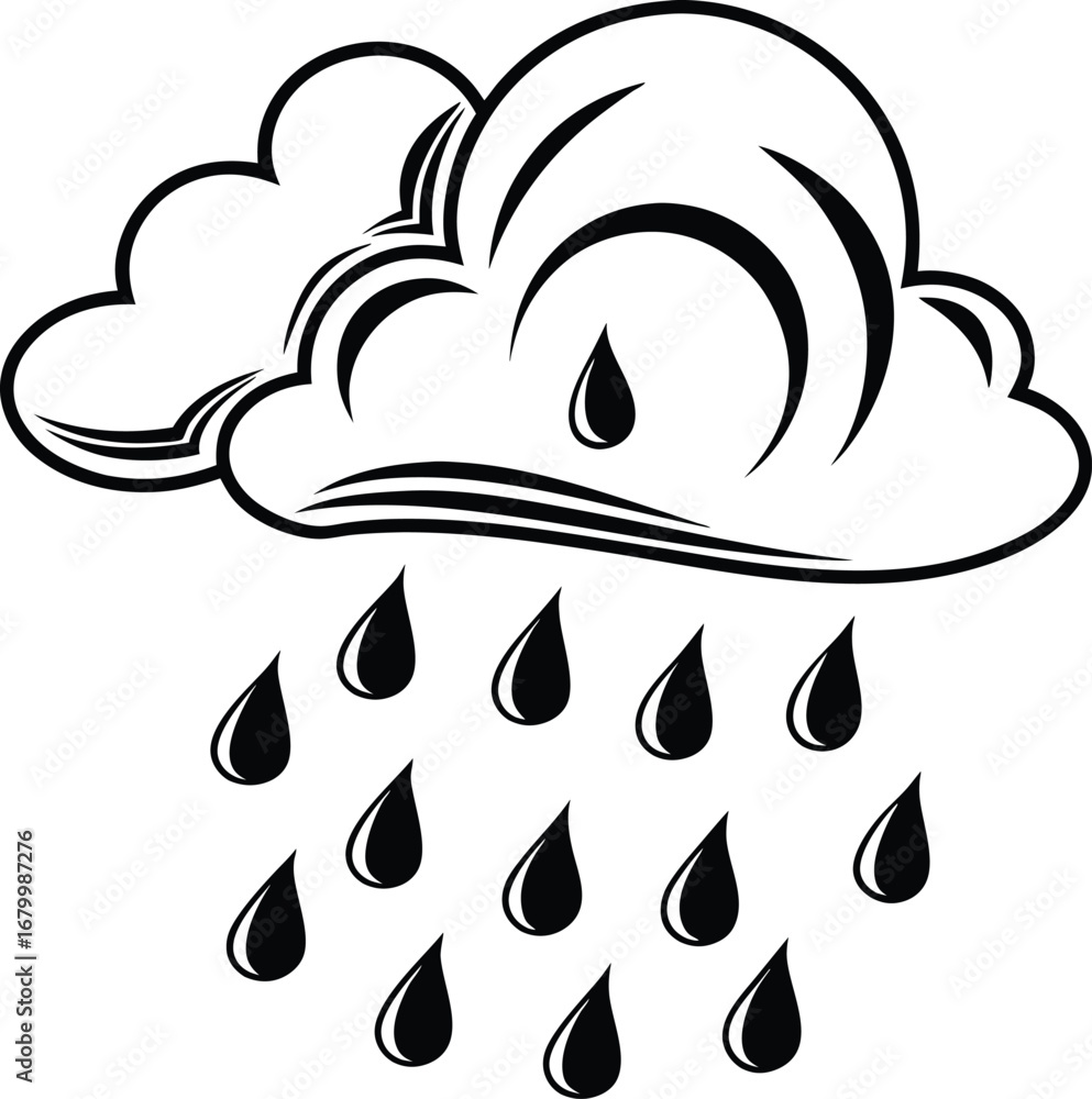 Fototapeta premium Simple flat cloud with falling raindrops silhouette icon design