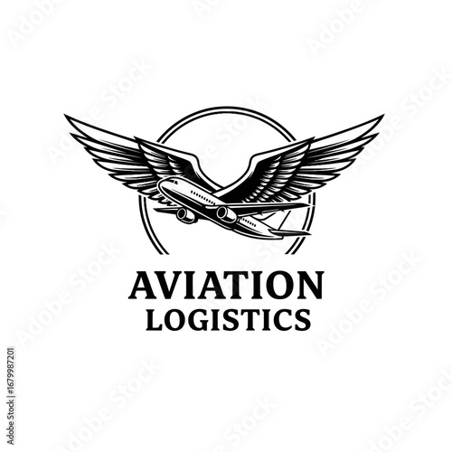 A striking logo for Aviation Logistics, featuring an airplane soaring amidst majestic wings.