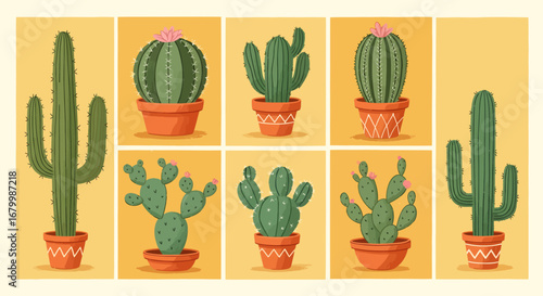 Collection of various cartoon cacti in pots on a yellow background, vector illustration.