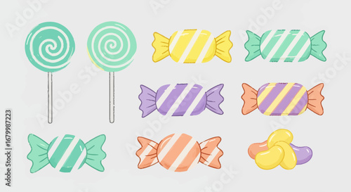 Colorful illustration of lollipops and wrapped candies in various pastel colors.