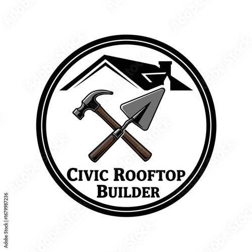 A logo for Civic Rooftop Builder featuring crossed hammer and trowel tools with a house silhouette.