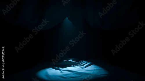 under-bed view showing vague shadowy figure hiding in the darkness