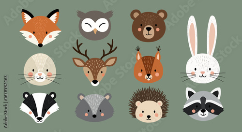 Collection of cartoon animal faces including fox, owl, bear, rabbit, badger, deer, squirrel, hedgehog, and raccoon.
