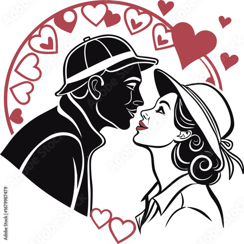 Romantic couple kissing silhouette flat vector icon design