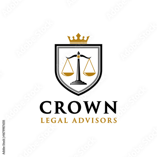 Elegant logo for Crown Legal Advisors.  Features a crown, scales of justice, and shield.