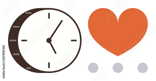 Clock paired with a heart and dotted ellipsis conveying concepts of time, love, and anticipation. Ideal for relationships, patience, balance, mindfulness, care, and emotional connection in a simple
