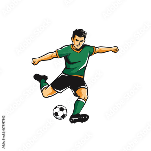 A dynamic illustration of a soccer player kicking a ball.