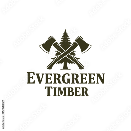 Evergreen Timber logo featuring crossed axes and a pine tree.