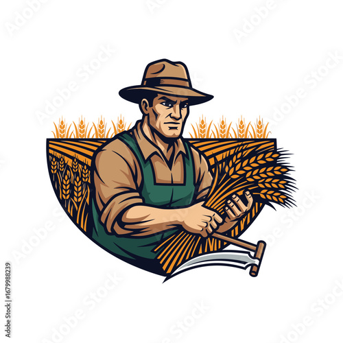 A powerful illustration of a farmer harvesting wheat.  Strong and determined, he embodies rural life.