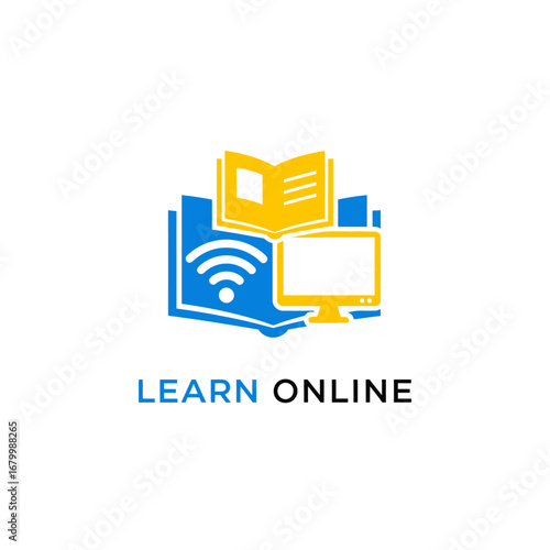 Logo depicting online learning.  Books, computer, and wifi symbol.