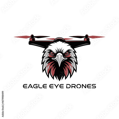 Eagle Eye Drones logo.  A fierce eagle head with a drone above.