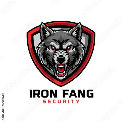 A fierce wolf head logo for Iron Fang Security.  Strong and protective.
