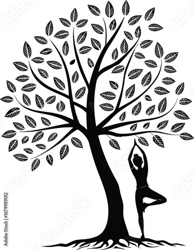 Silhouette of a person in tree yoga pose flat vector icon