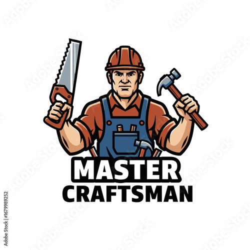 A logo depicting a strong craftsman holding tools.