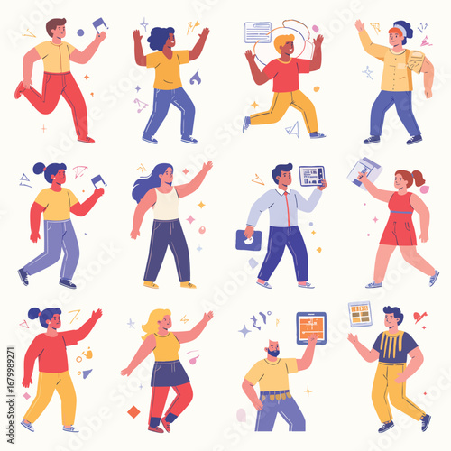 A collection of diverse cartoon characters celebrating and dancing Set of flat vector illustrations of happy active people with mobile devices.
