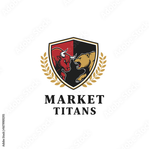 Market Titans logo featuring a bull and bear facing off on a shield.