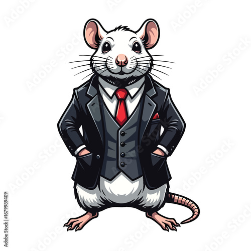 A dapper cartoon rat character dressed in a formal black business suit and red tie.