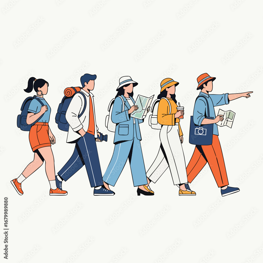 Obraz premium A diverse group of young friends walking and exploring on a sightseeing tour.