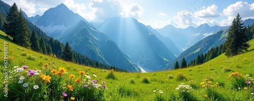 Serene alpine meadow nestled amidst towering peaks, wildflowers in bloom, sunlight dappling the lush green grass A breathtaking view of the majestic mountains , peaks, ecosystem, travel