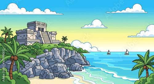 Scenic illustration of an ancient temple ruin on a rocky cliffside overlooking a tropical ocean beach