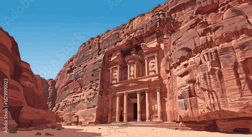 The Treasury of Petra A Majestic View of the Ancient City in Jordan Under a Clear Blue Sky