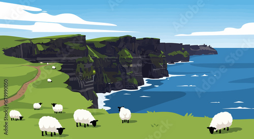 Irish Cliffs Dramatic Coastline with Grazing Sheep Illustration