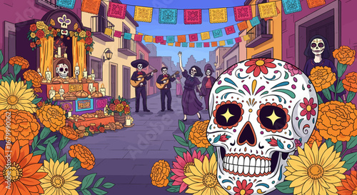 Vibrant Day of the Dead Celebration with Sugar Skull and Mariachi Band in a Festive Town Square