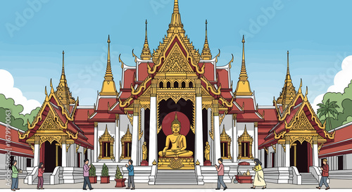 Magnificent Buddhist Temple Architecture with Golden Buddha Statue and Visitors