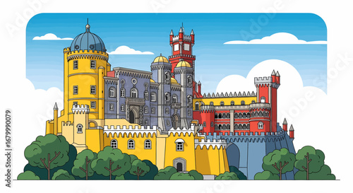 Colorful illustration of Pena Palace in Sintra, Portugal, a fairytale castle on a hilltop