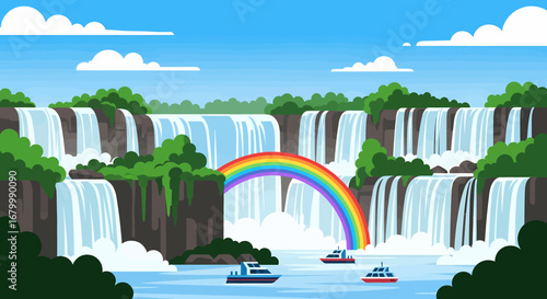 A vibrant vector illustration of a majestic jungle waterfall with tourist boats sailing under a beautiful rainbow