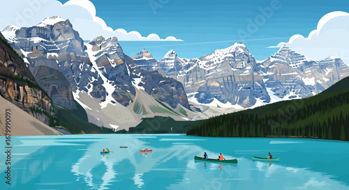 Moraine Lake Serenity Canoeing in the Canadian Rockies' turquoise waters under the bright sky