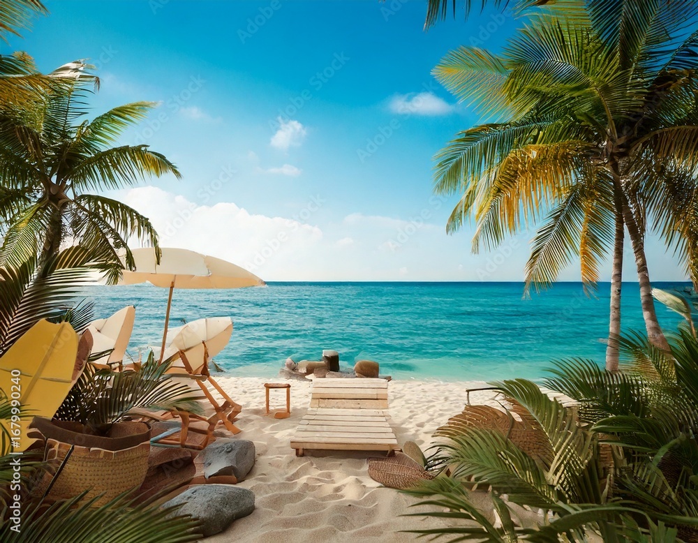 Fototapeta premium Tropical beach travel theme in summer, 3d rendering. 3D illustration