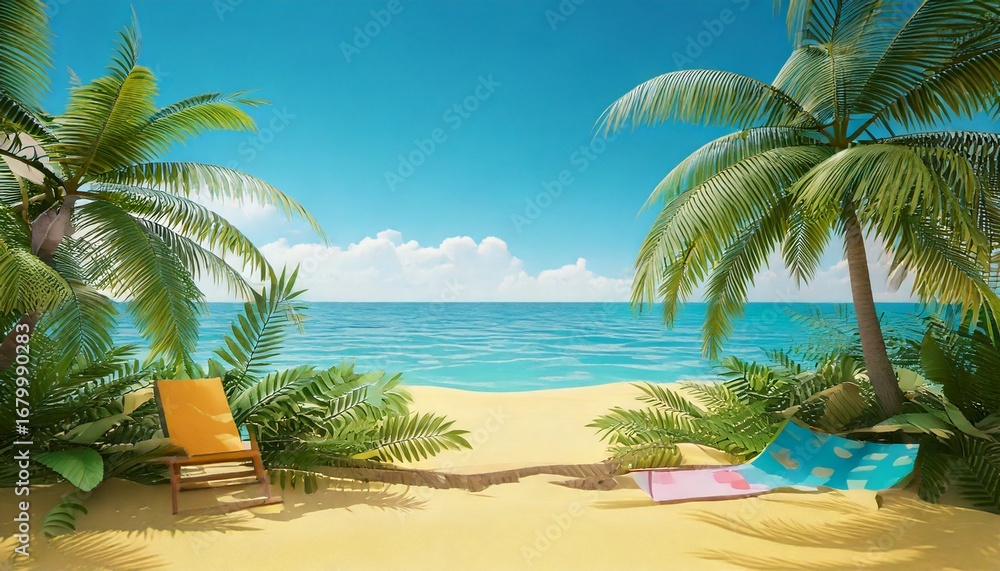 Fototapeta premium Tropical beach travel theme in summer, 3d rendering. 3D illustration