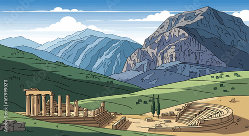 Delphi Archaeological Site Ancient Greek Ruins & Mountain Scenery