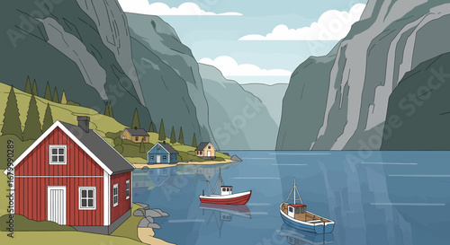 Scenic coastal village with boats, houses, and mountains under a bright sky in a landscape